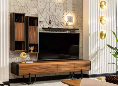 A beautiful TV cabinet with wall shelves in loft style that gives your living room a chic look.